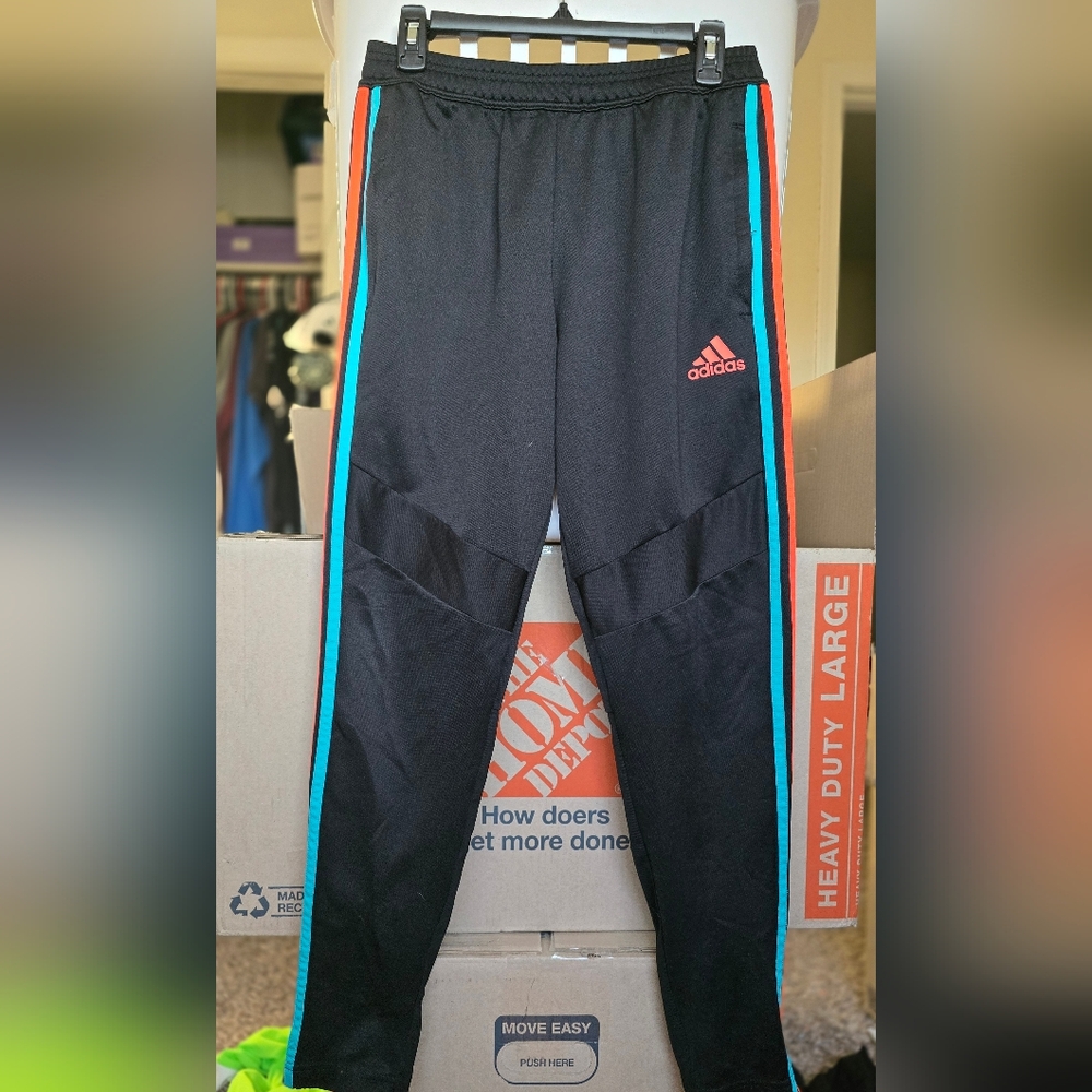 Adidas Mens Black Track Pants with Blue Stripes
